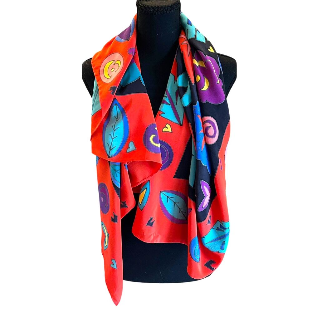 Vintage Silk Scapes Hand Painted Silk Scarf Red Leaves Colorful  44 x 45 Large